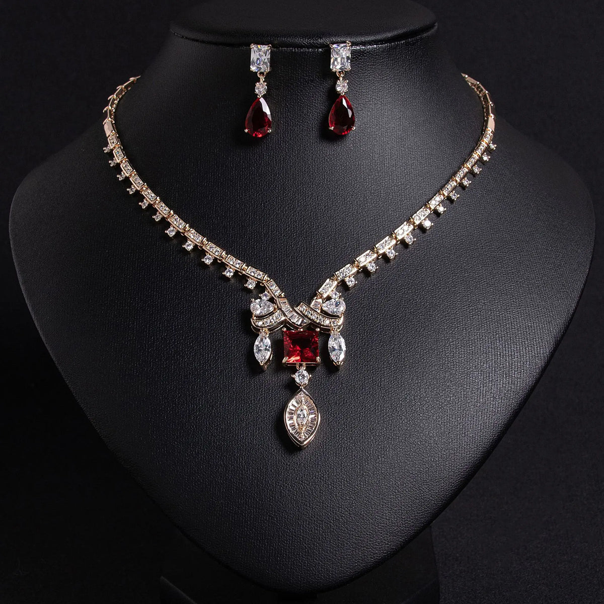Luxury Ruby Red Crystal Necklace Earrings Set – Elegant Statement Jewelry for Women
