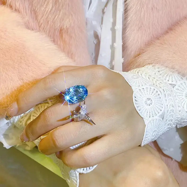 Luxury Blue Oval Crystal Bird Ring for Women