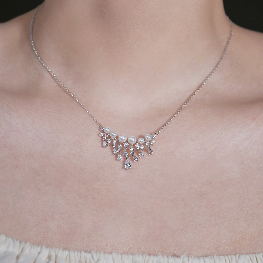 S925 Sterling Silver Water Drop Fringed Pearl Necklace