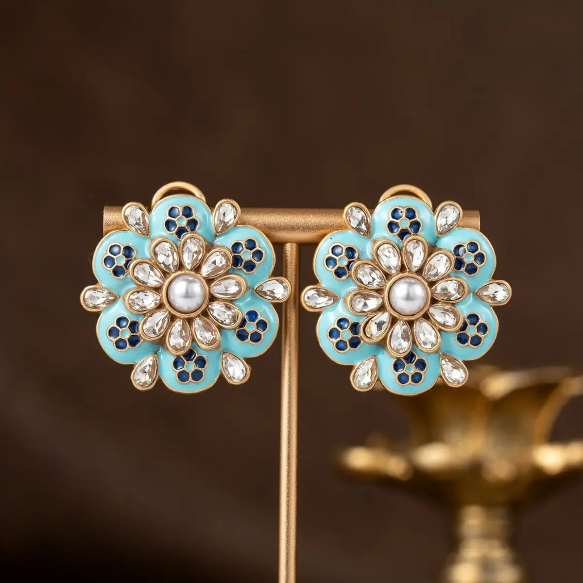 Parure Collier et Boucles d'Oreilles Fleurie Luxe Perle et Turquoise Bleue