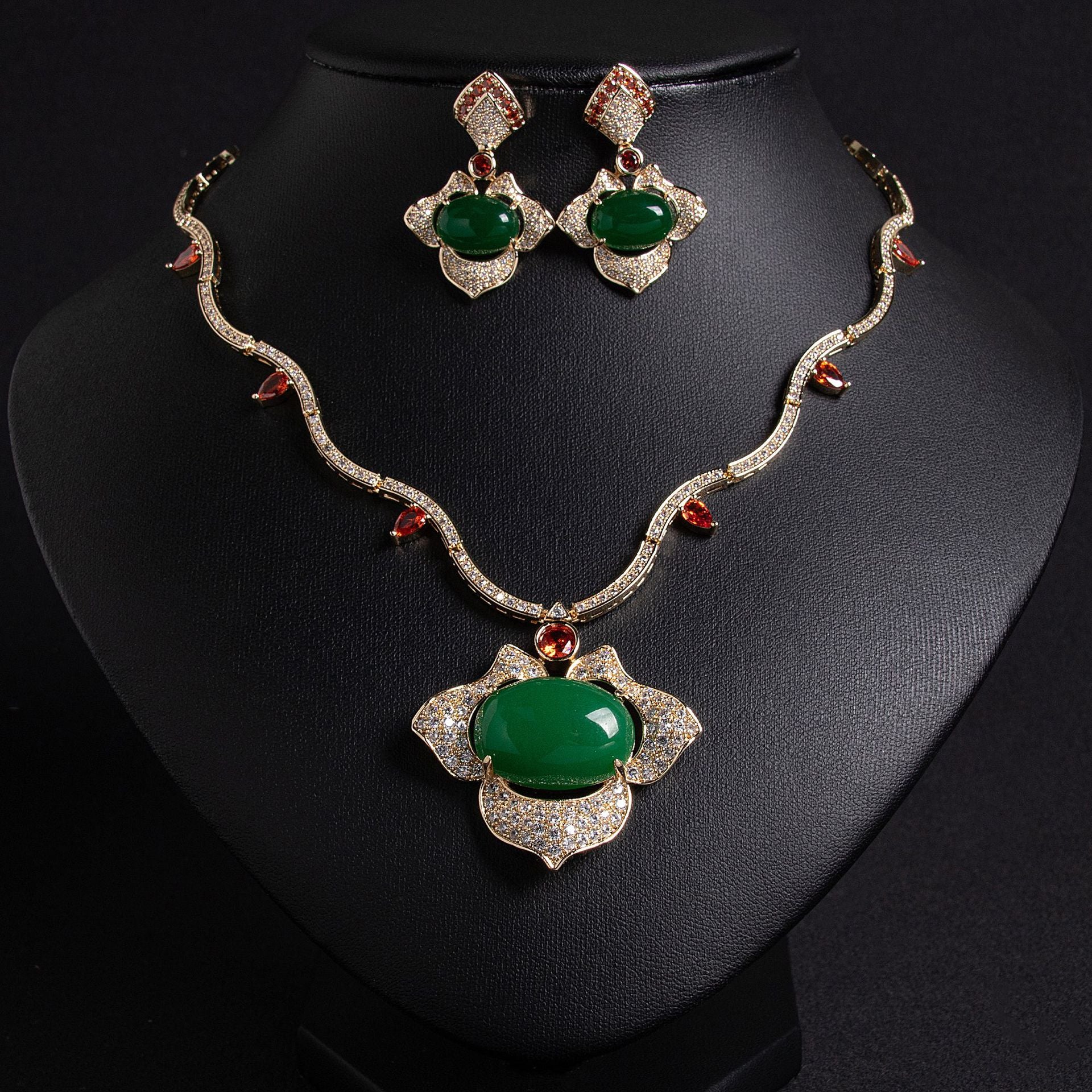 Luxury Ruby Red Crystal Necklace Earrings Set – Vintage Statement Jewelry for Women