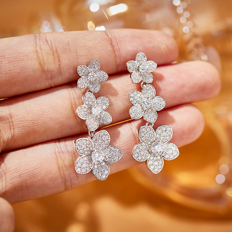 Fine craft copper gold-plated diamond-encrusted flower earrings