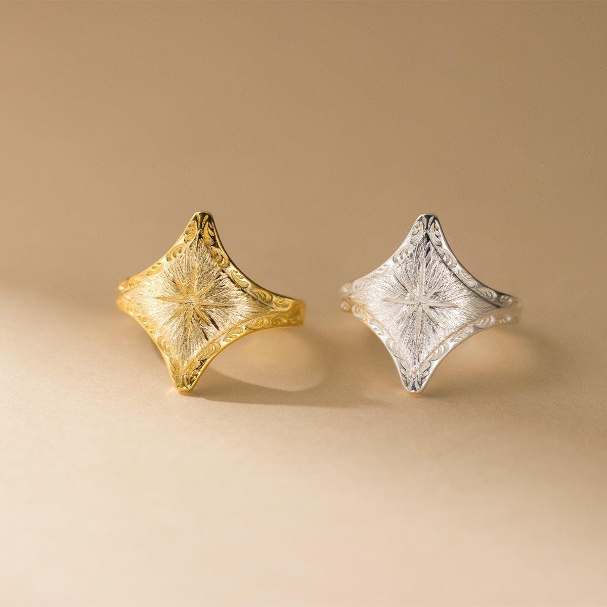 S925 Sterling Silver Vintage Brushed Four Pointed Star Ring