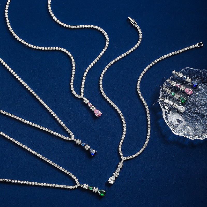 Elegant Emerald Crystal Jewelry Set – Silver Necklace Earrings for Women