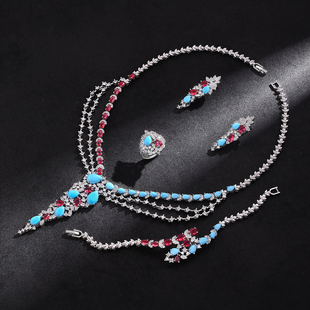 Luxury Blue Red Crystal Jewelry Set Multilayer Necklace Earrings Ring Bracelet Bridal Statement Set for Women