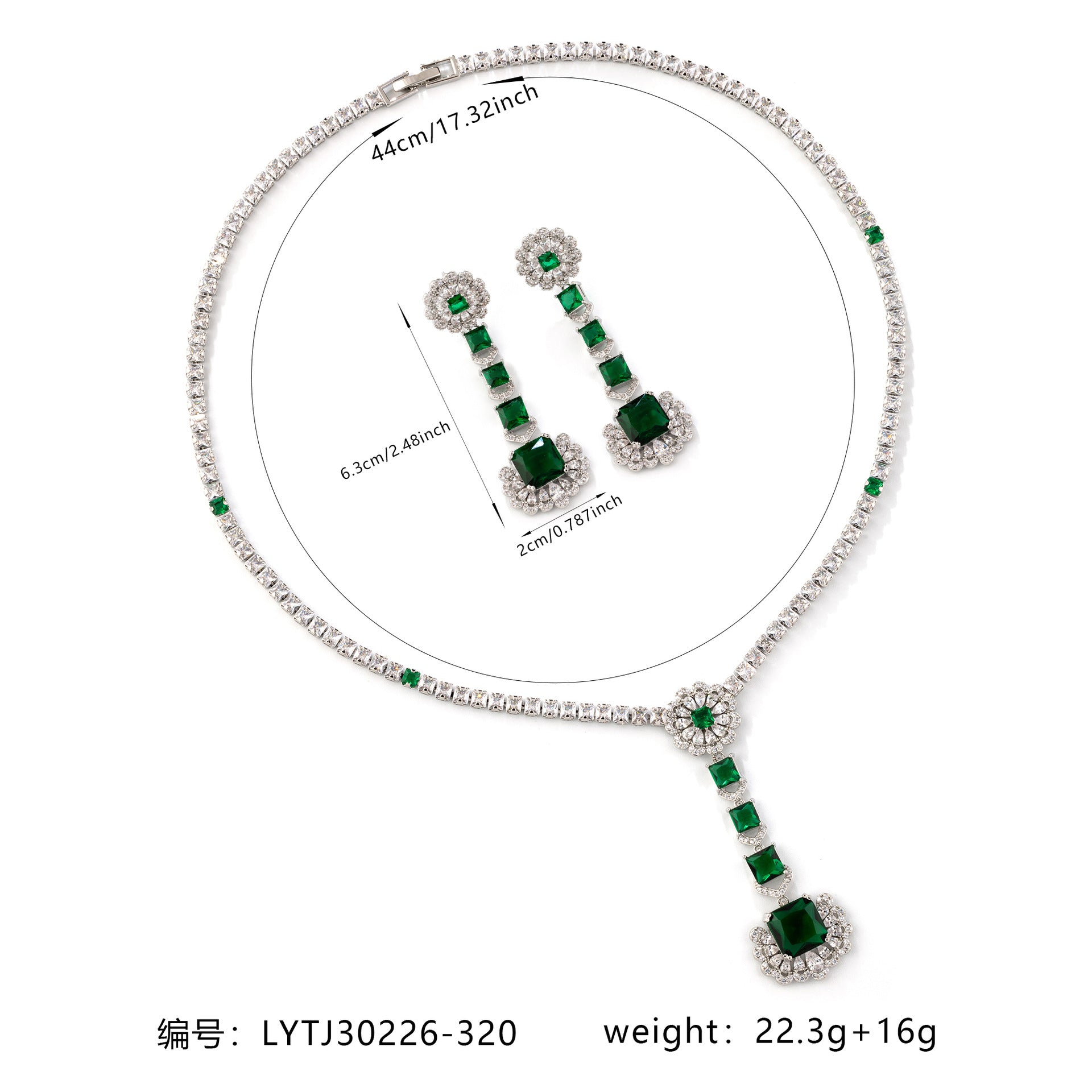 Elegant Emerald Crystal Jewelry Set – Silver Necklace Earrings for Women