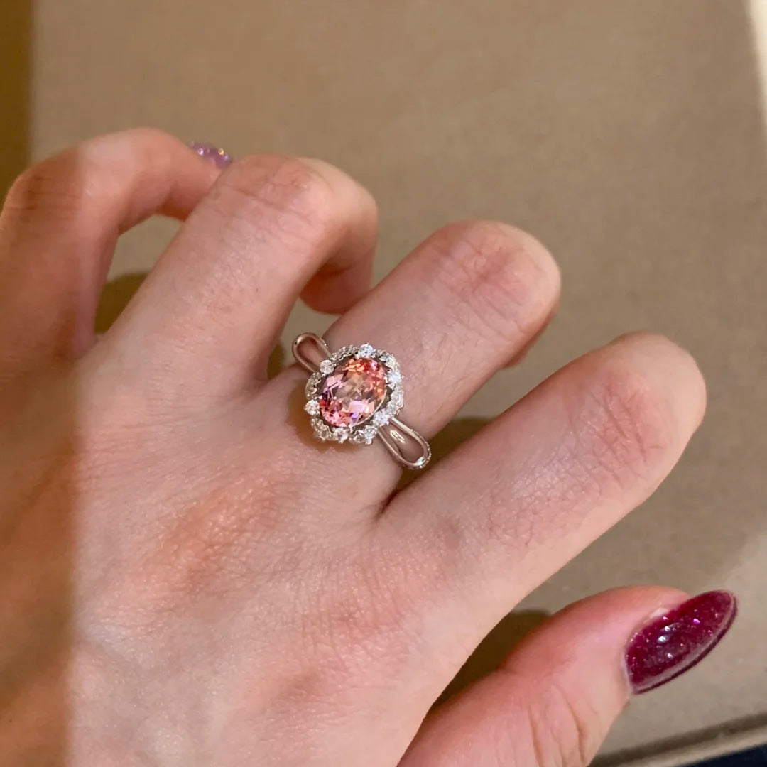Bague élégante ovale avec gemme rose – Bague de déclaration halo pour femme