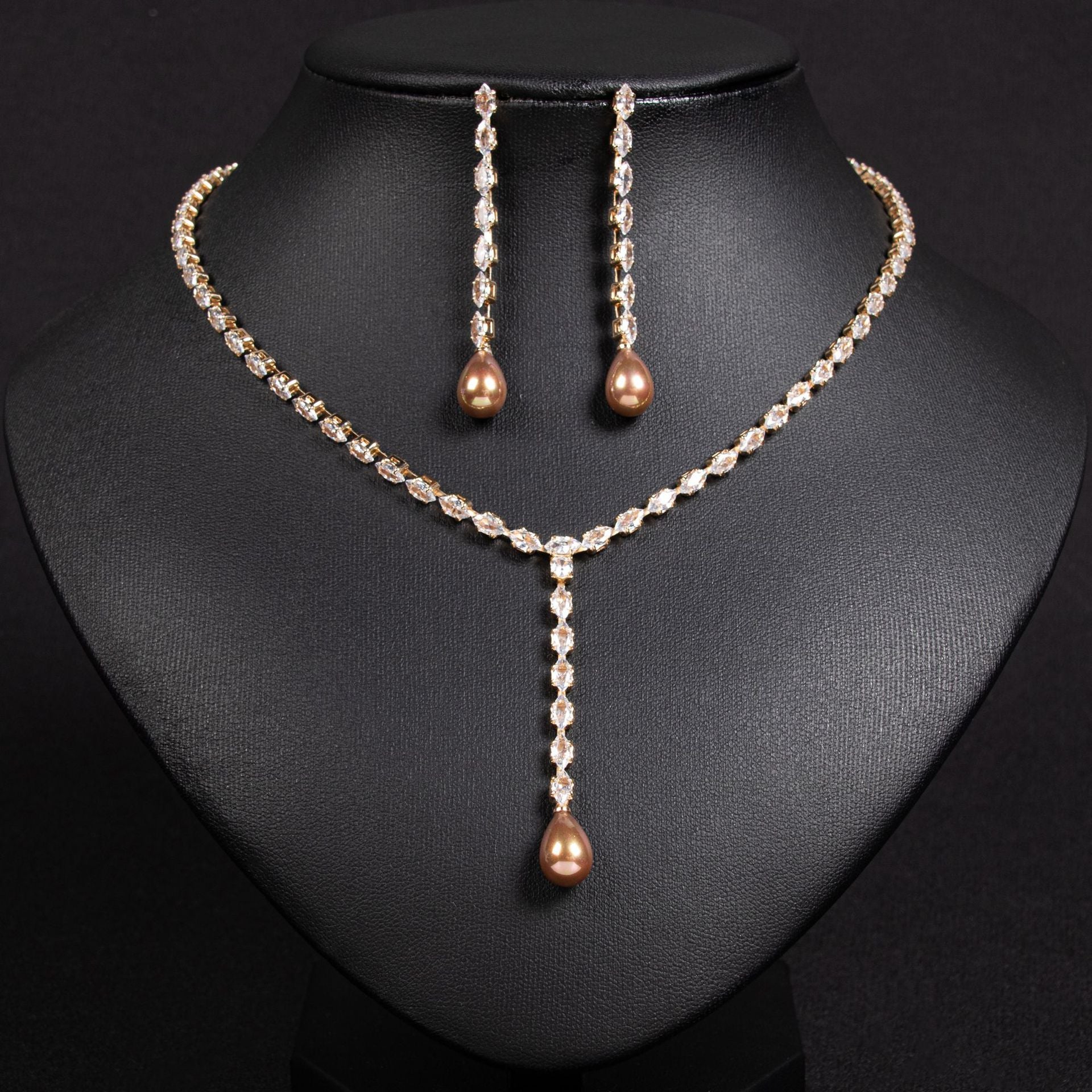 Elegant Pearl and Crystal Y Necklace Earrings Set – Luxury Bridal Jewelry for Women