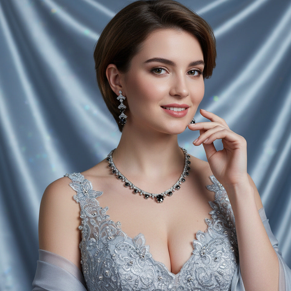 Luxury Purple Crystal Necklace Earrings Set – Silver Statement Jewelry