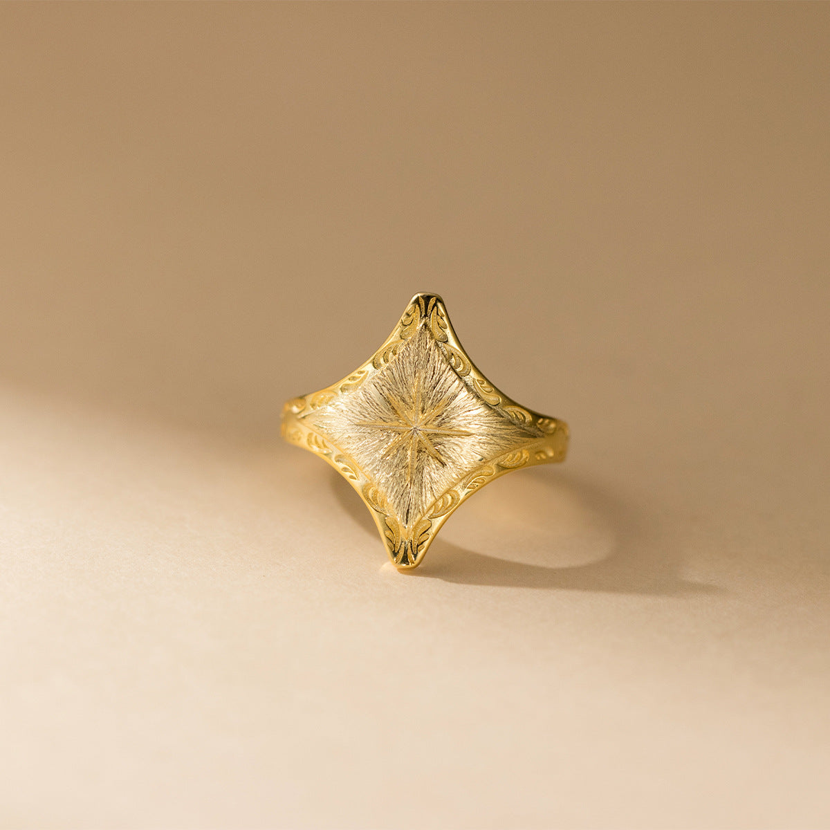 S925 Sterling Silver Vintage Brushed Four Pointed Star Ring