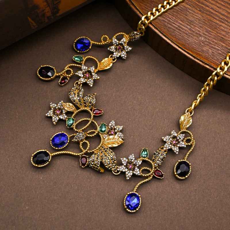 Fashion Vintage Crystal Gemstone Earrings Ring Necklace Set