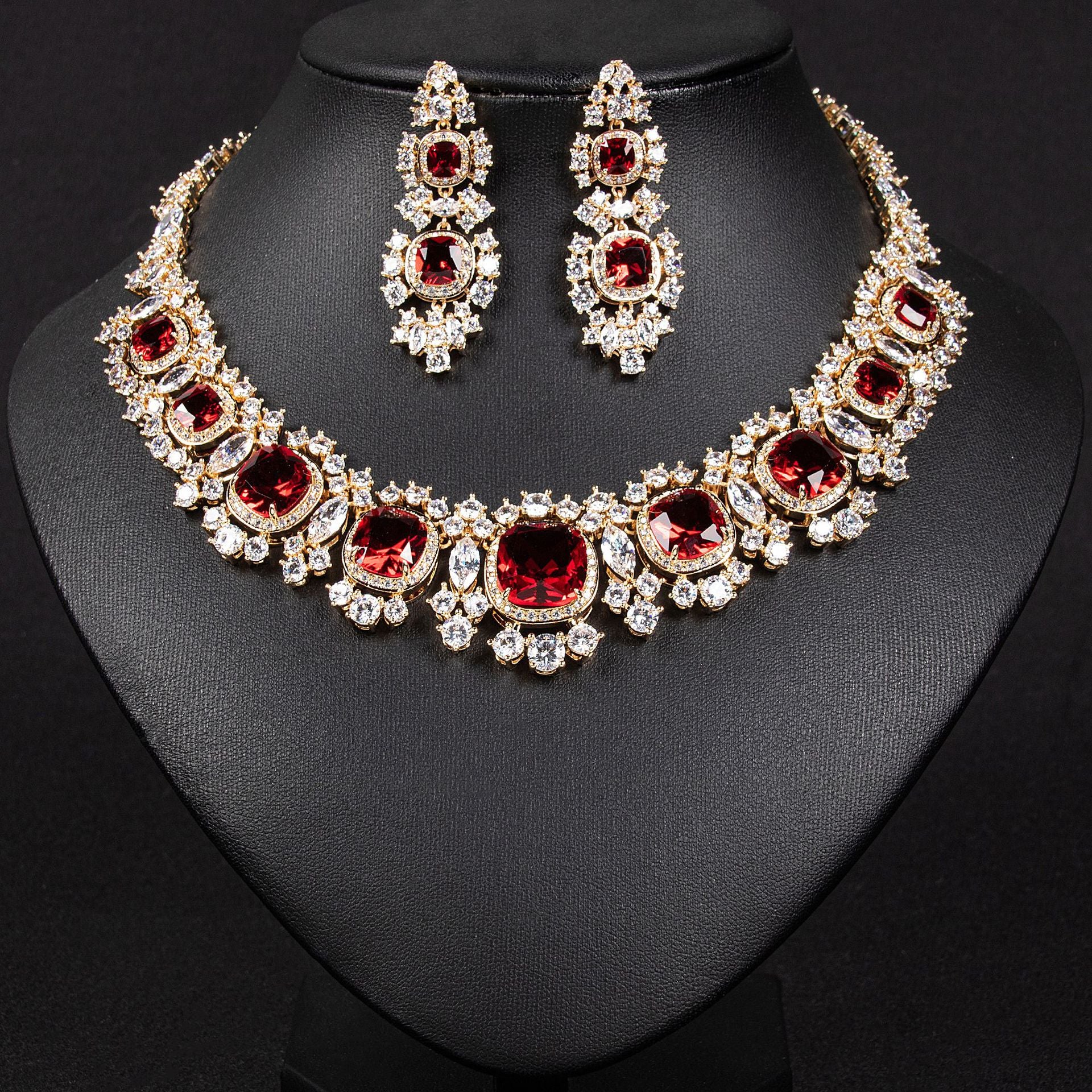 Luxury Red Gemstone Jewelry Set – Elegant Necklace Earrings for Women
