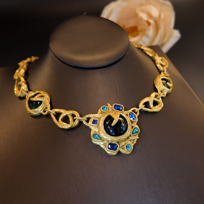 Vintage Blue Rhinestone Sunflower Necklace Set