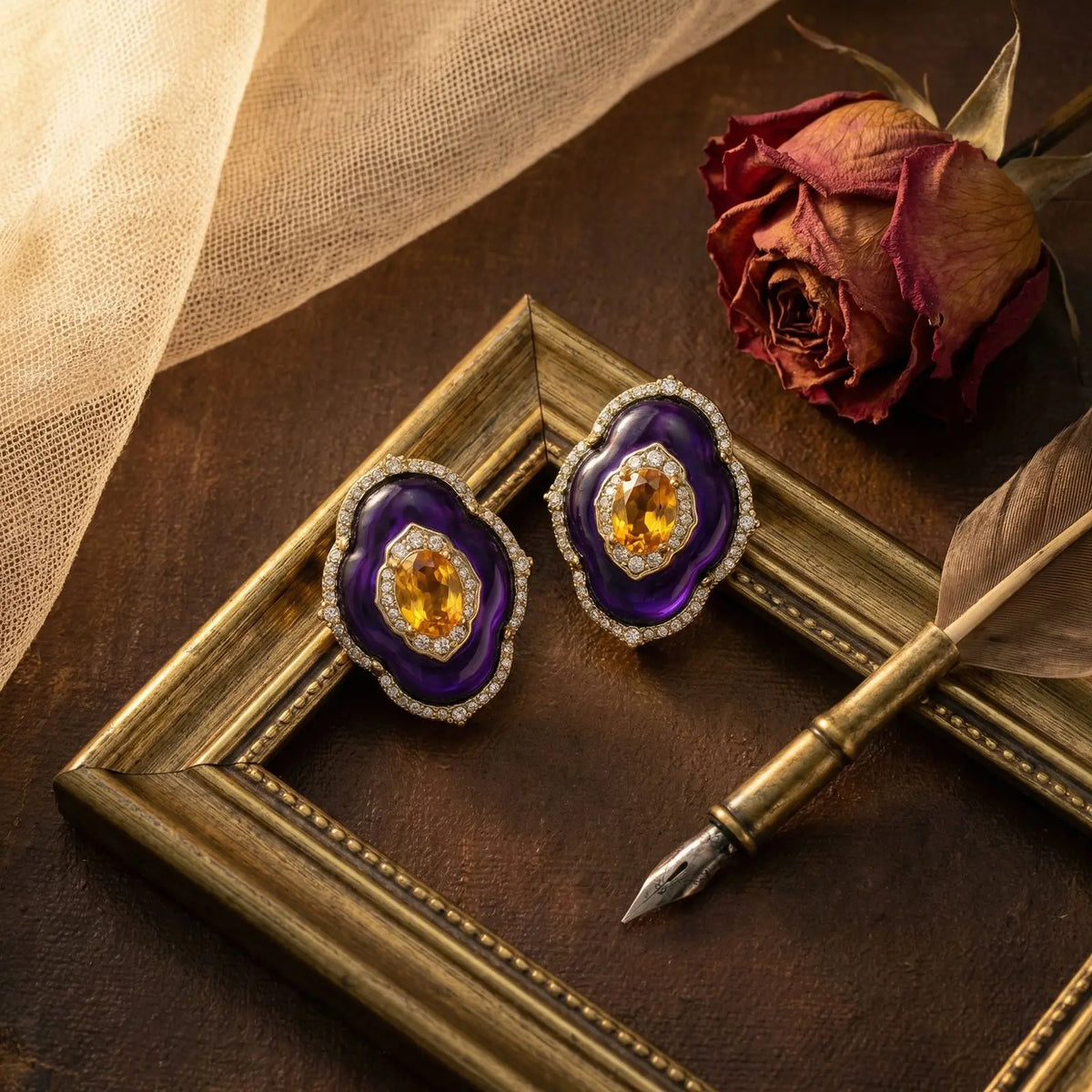 Ensemble collier, boucles d'oreilles et bague clous rétro style cour littéraire