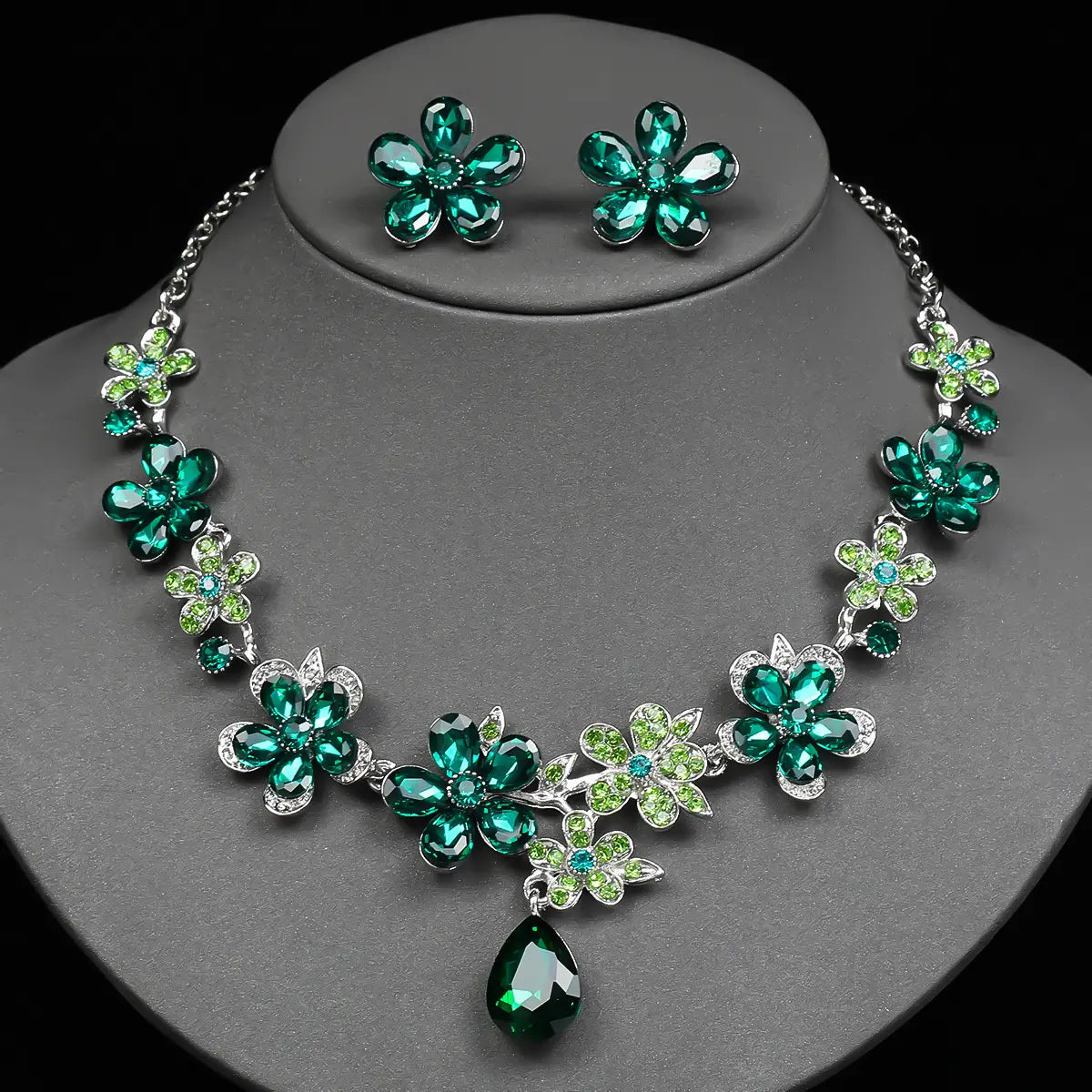 Parure Collier Boucles d'Oreilles Fleur en Cristal Vintage