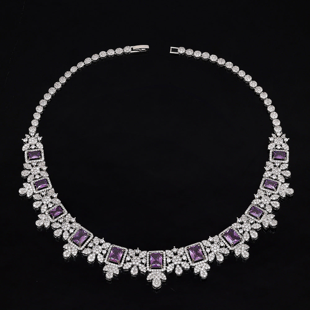 Luxury Purple Crystal Necklace Earrings Bracelet Ring Jewelry Set