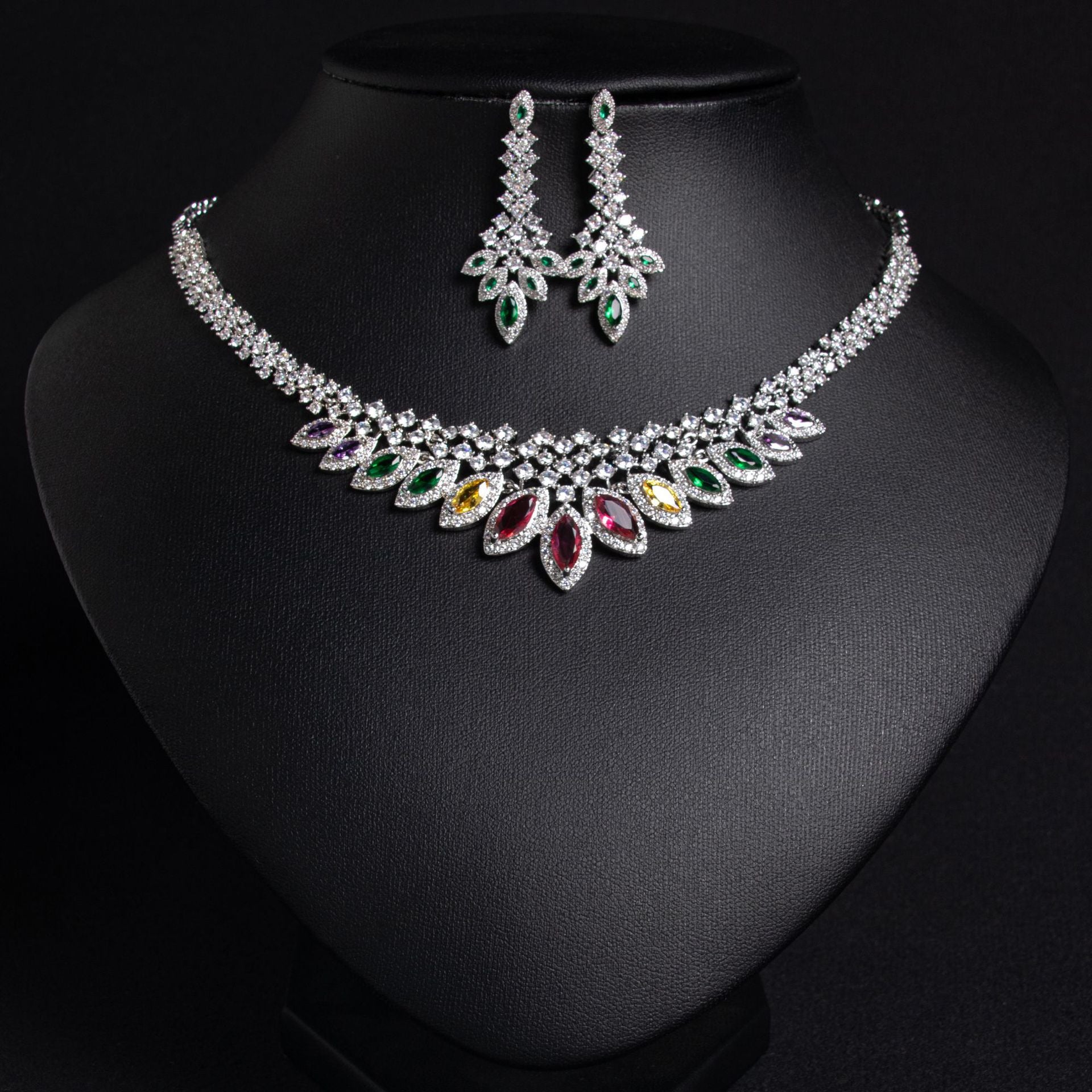Luxury Multicolor Marquise Gemstone Necklace Set for Women – Elegant Leaf Jewelry with Matching Earrings