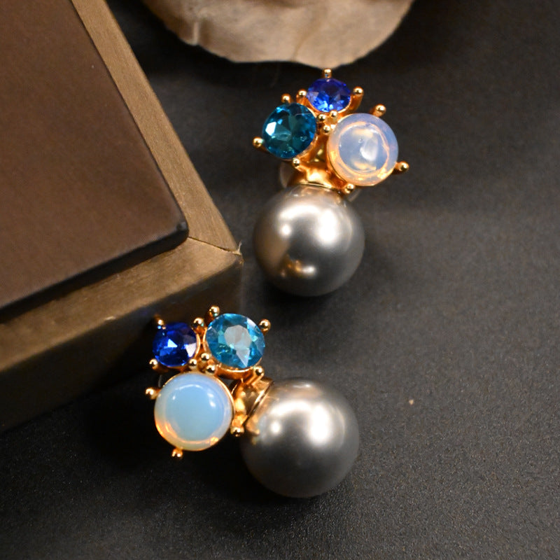 Premium blue rhinestone pearl stud earrings