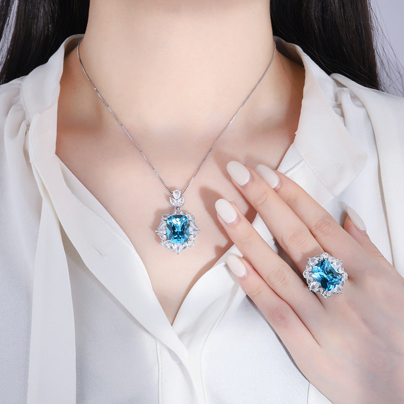 Vintage Simulated Topaz Blue Pendant Ring Set