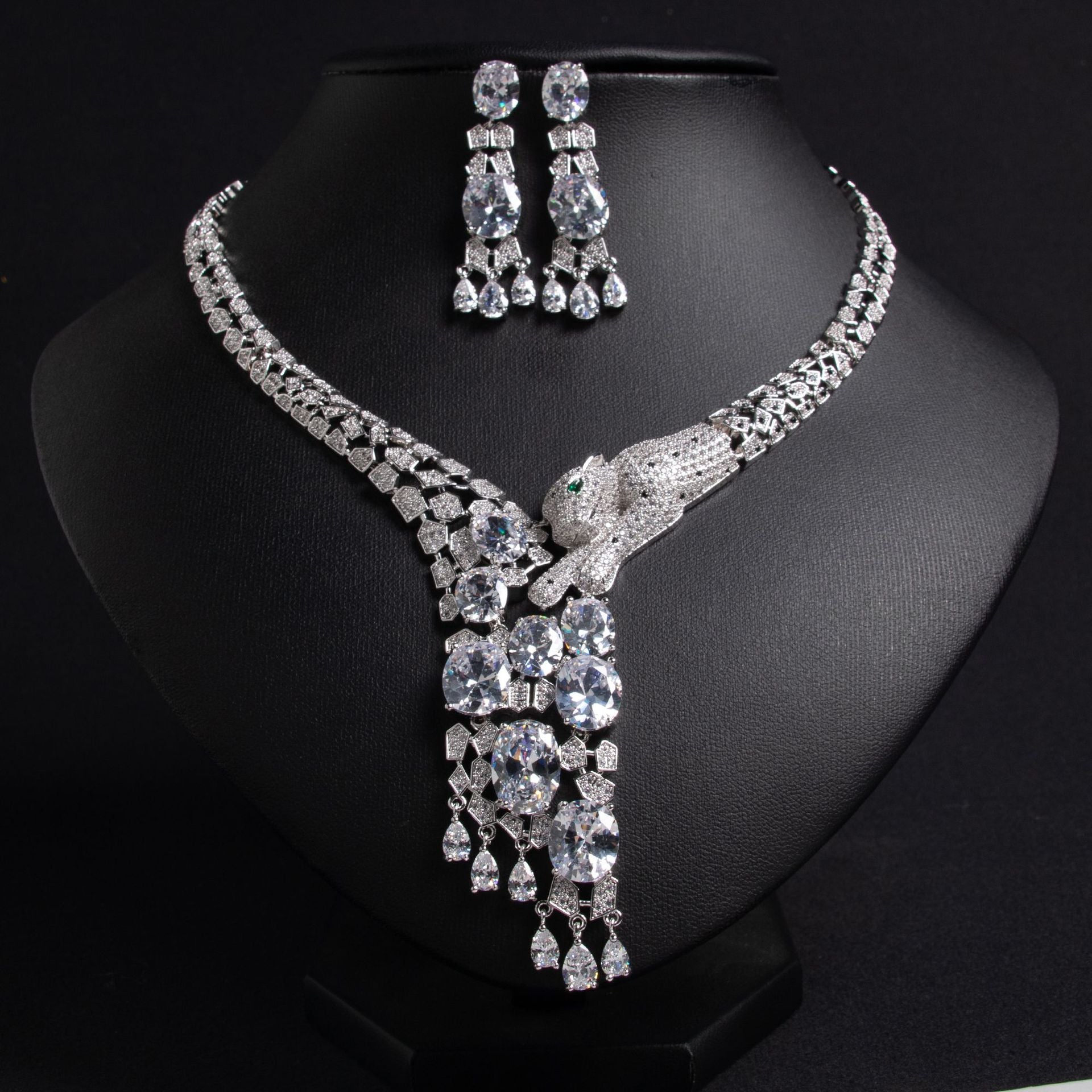 Premium Luxury Bridal Zircon Necklace Earrings Set Tassel Gala Wedding Dress Accessories Women