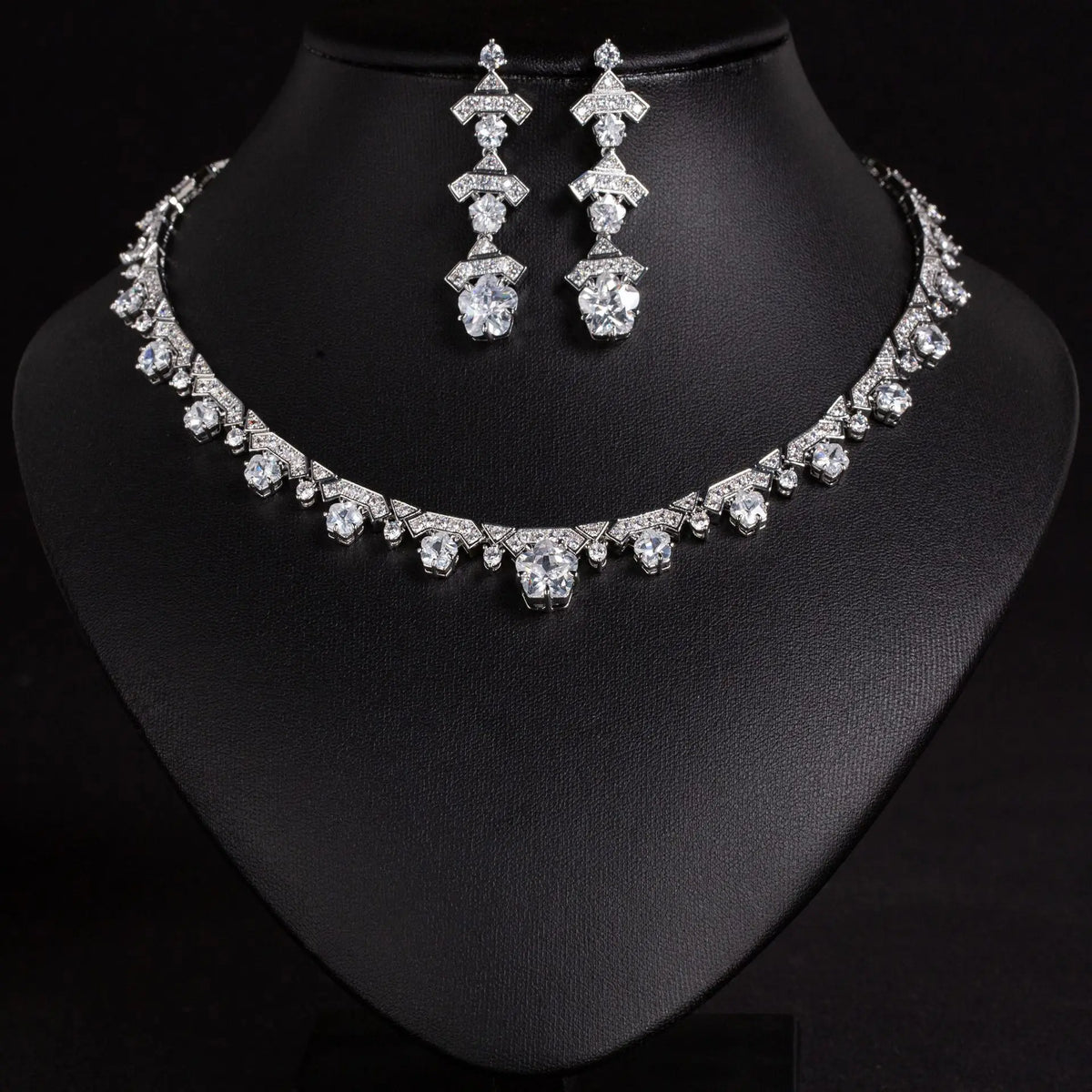 Luxury Purple Crystal Necklace Earrings Set – Silver Statement Jewelry