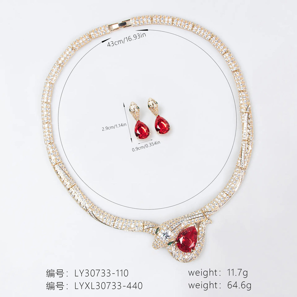 Luxury Red Crystal Bird Pendant Necklace Set – Sparkling Gold Earrings