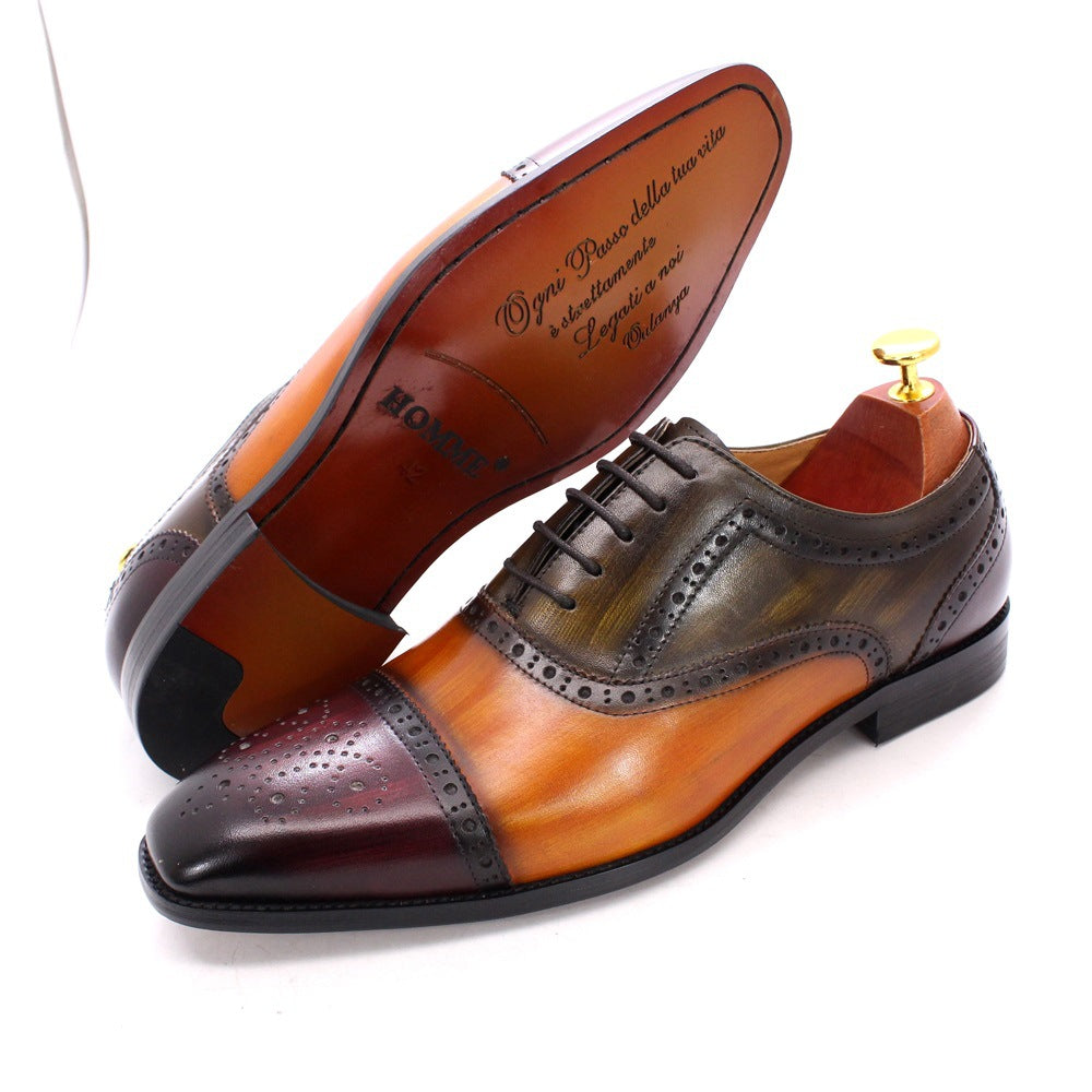 Leather Carved Oxford Shoes British Color Matching Dress Men's Leather Shoes