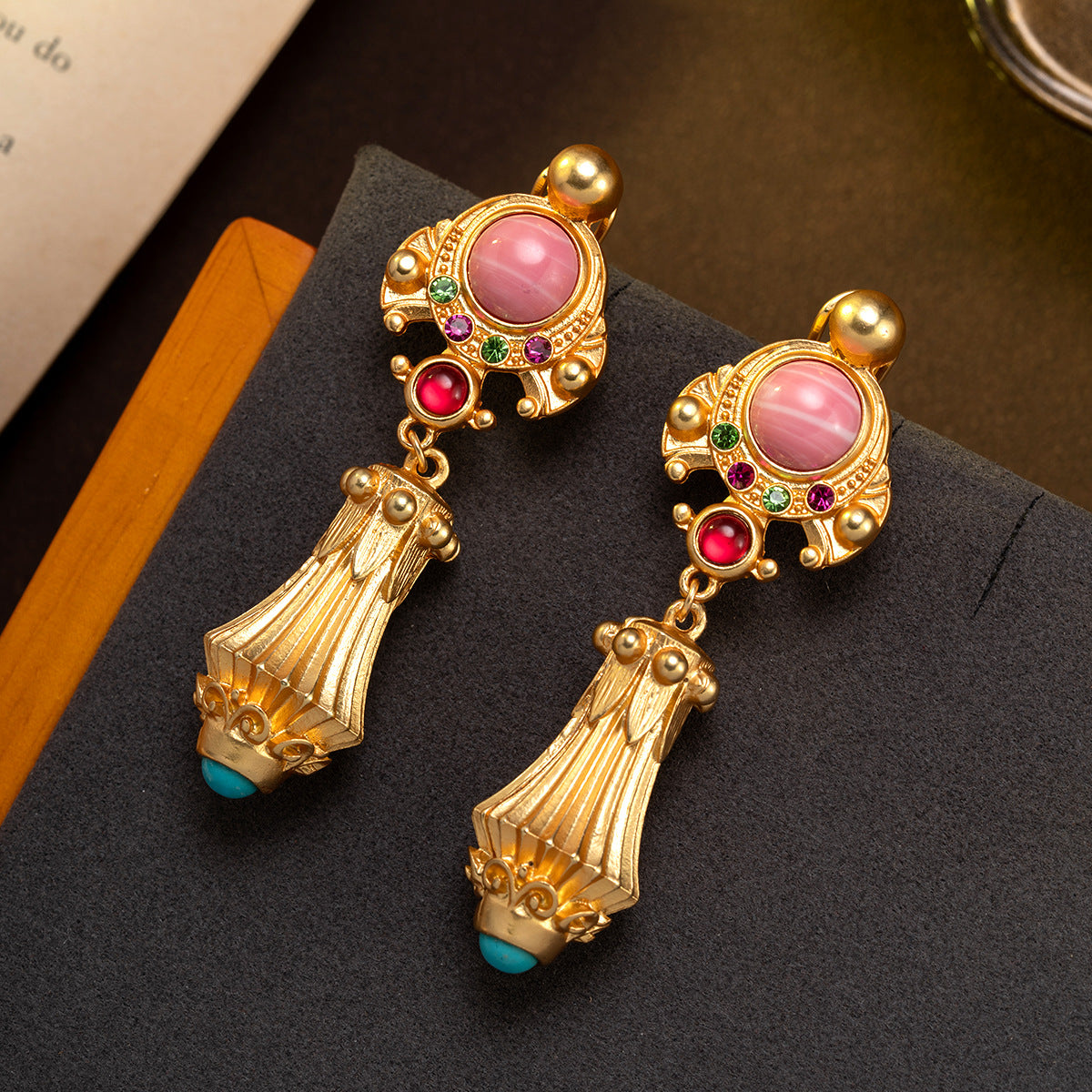 Vintage Green Enamel Floral Drop Earrings for Women