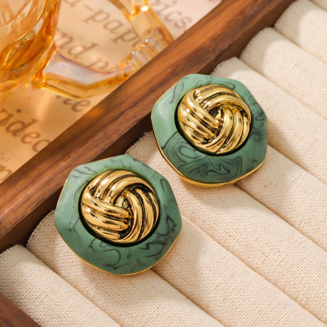 Vintage turquoise button earrings made of old gold three-dimensional silver needle earrings
