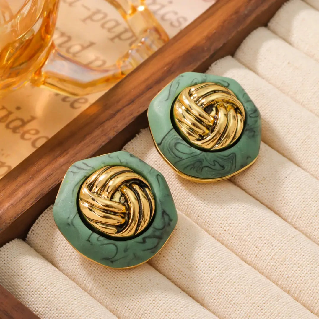 Boucles d'oreilles vintage à boutons turquoise en or ancien, boucles d'oreilles tridimensionnelles en argent