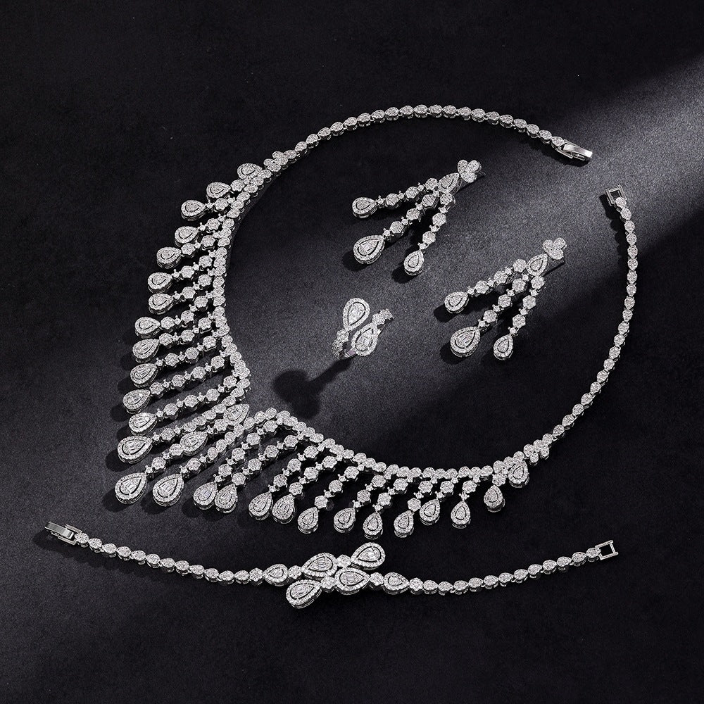 Luxury Silver Teardrop Jewelry Set – Necklace Earrings Bracelet Ring for Women