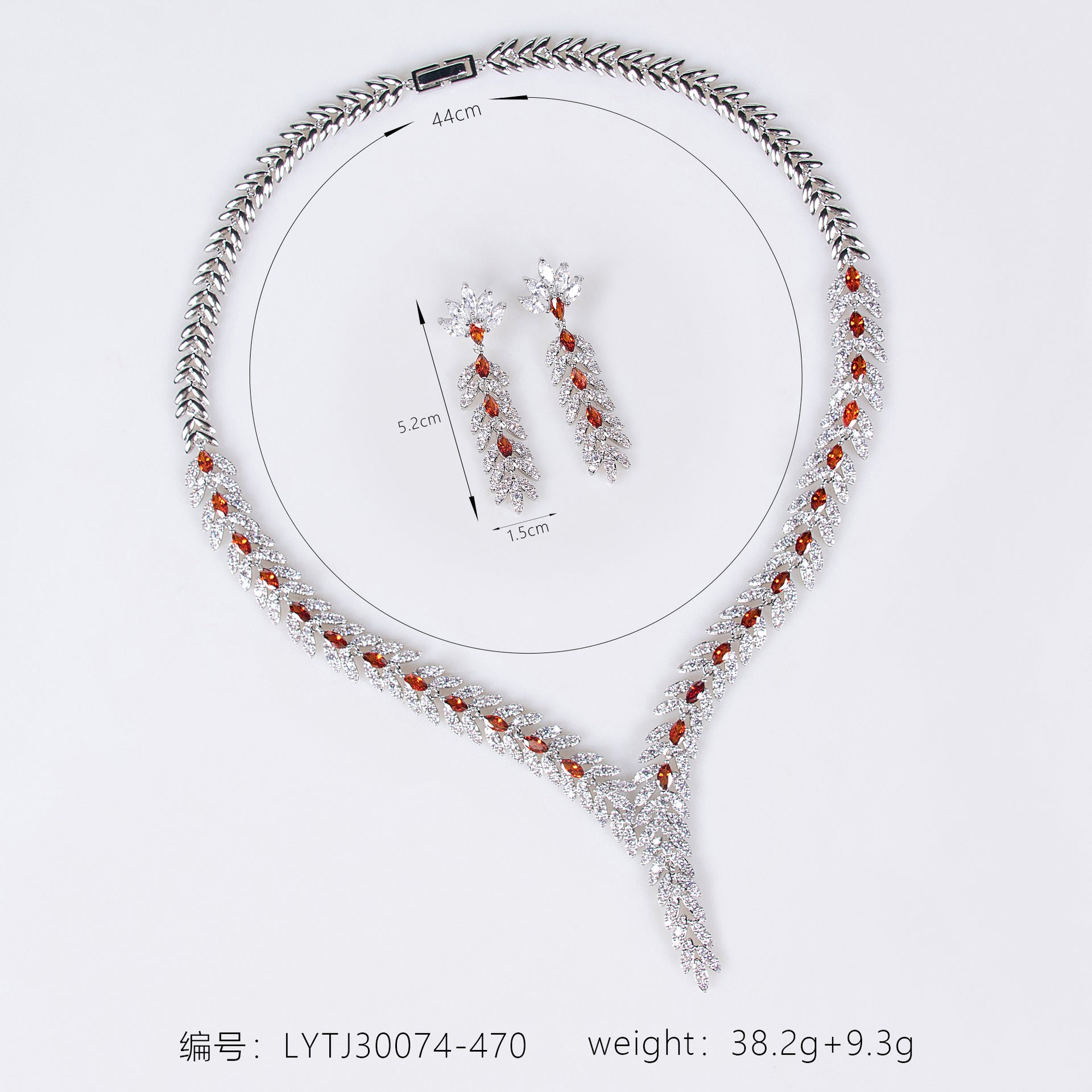 Parure de bijoux de luxe en cristal rouge feuille – Collier et boucles d'oreilles étincelants pour événements formels