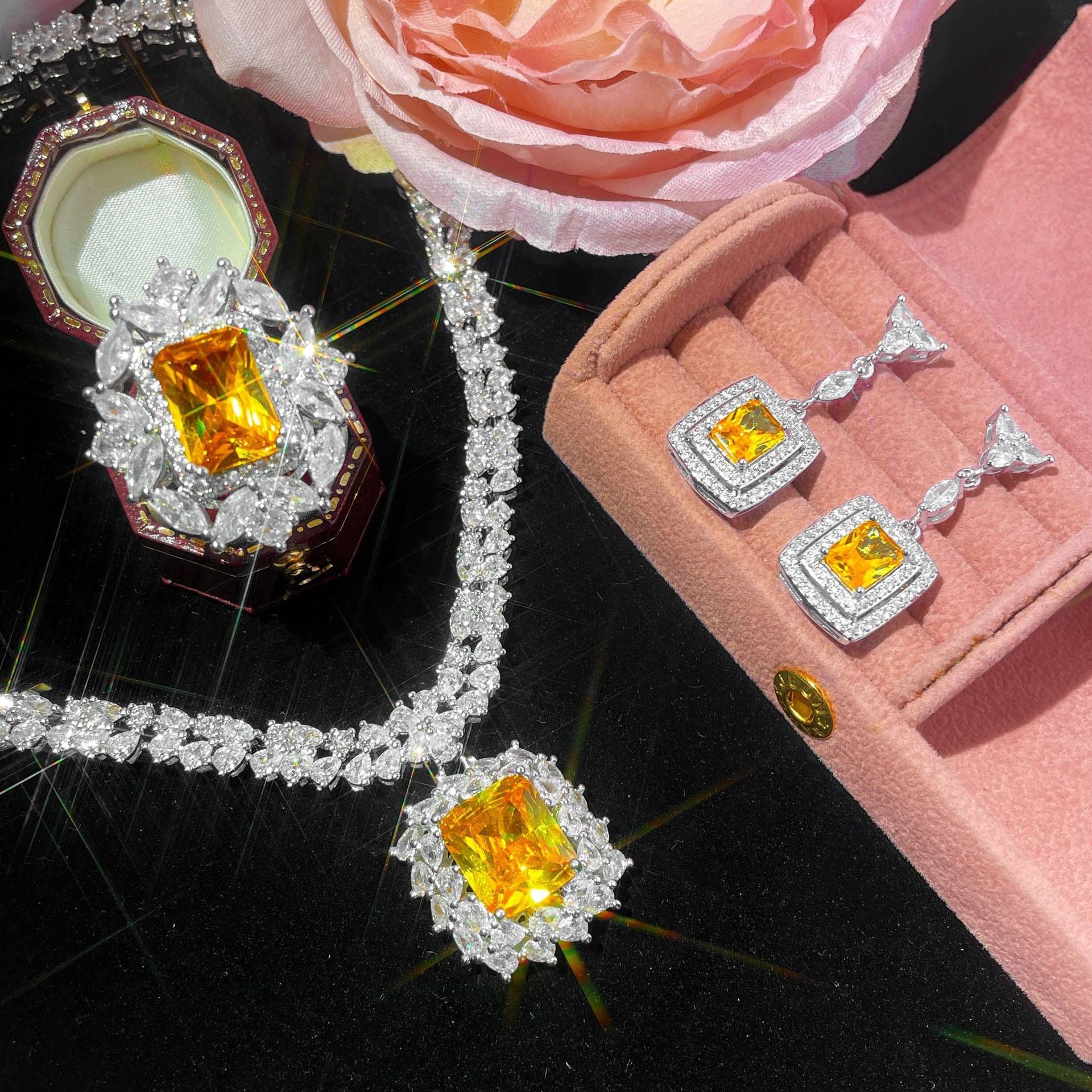 Luxury Yellow Crystal Necklace Ring and Earrings Jewelry Set