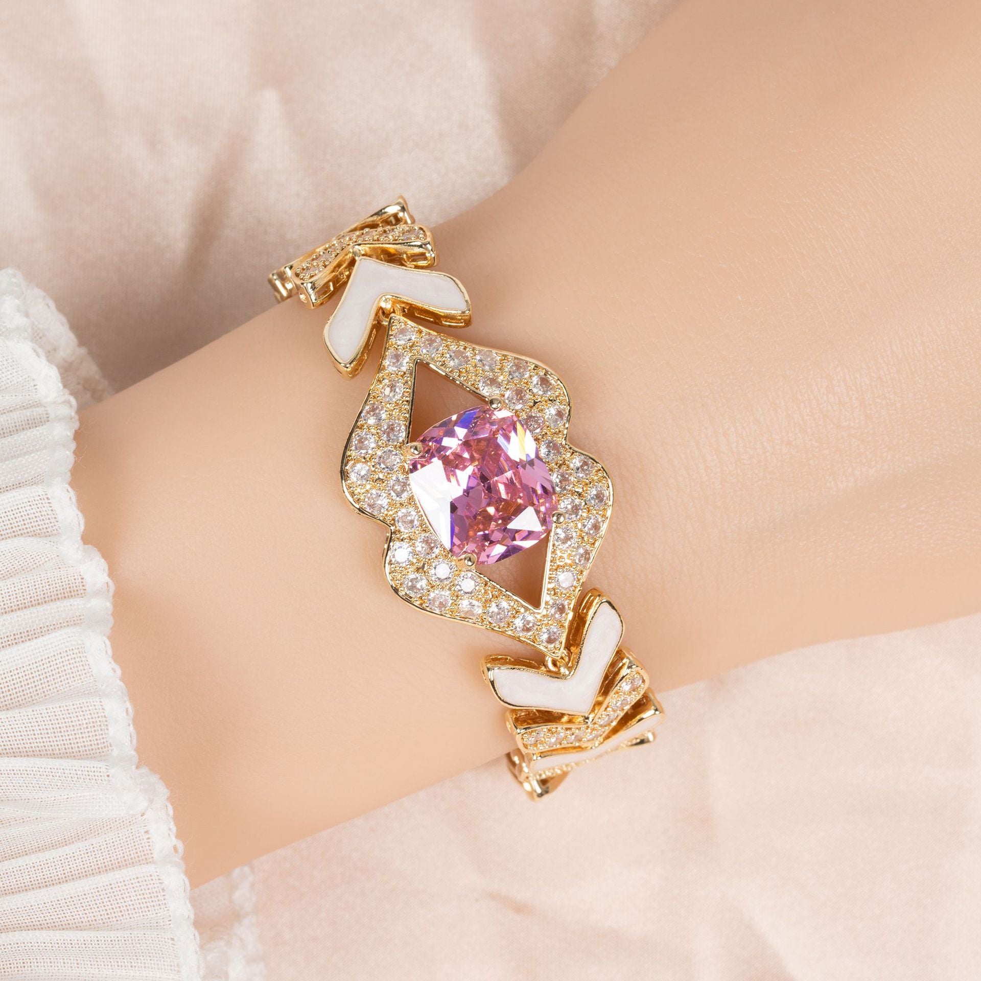 Luxury Ruby Red Crystal Bracelet – Gold Tone White Enamel Statement Jewelry for Women