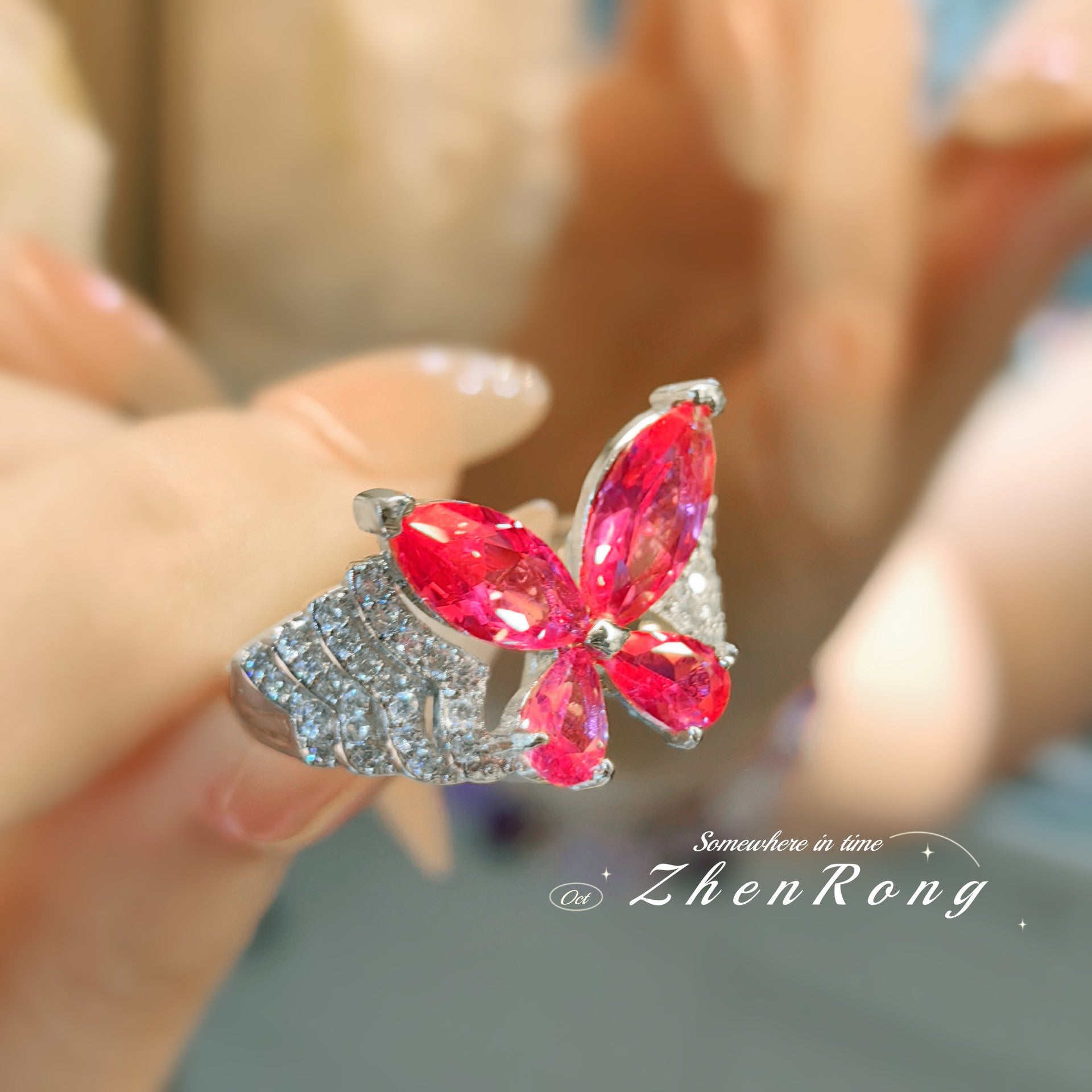 Fashion light luxury colored treasure butterfly ring
