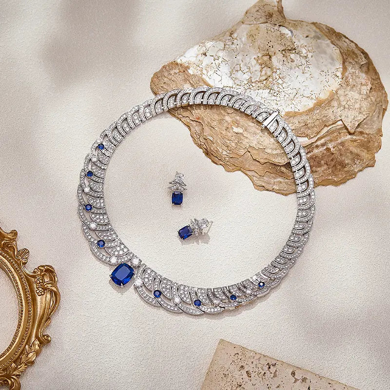 Blue Sapphire Crystal Necklace and Earrings Set Luxury Jewelry for Women Elegant Party Set