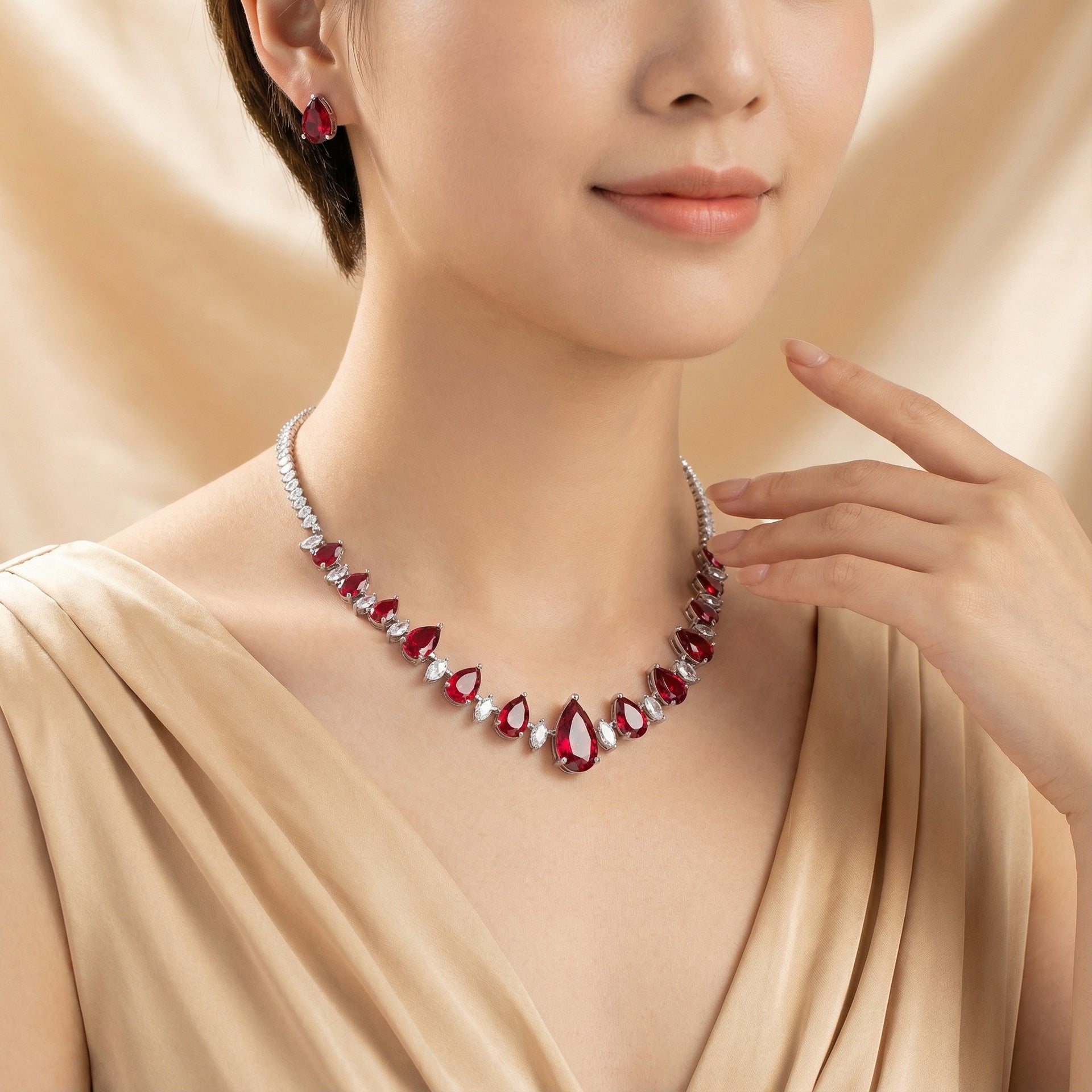 Luxury Deep Red Teardrop Gemstone Necklace Set for Women – Elegant Jewelry with Matching Earrings