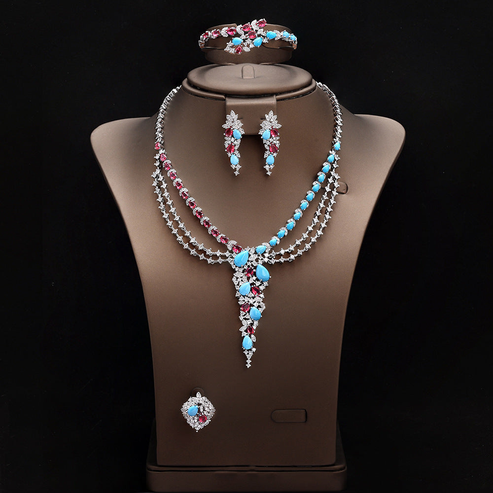 Luxury Blue Red Crystal Jewelry Set Multilayer Necklace Earrings Ring Bracelet Bridal Statement Set for Women