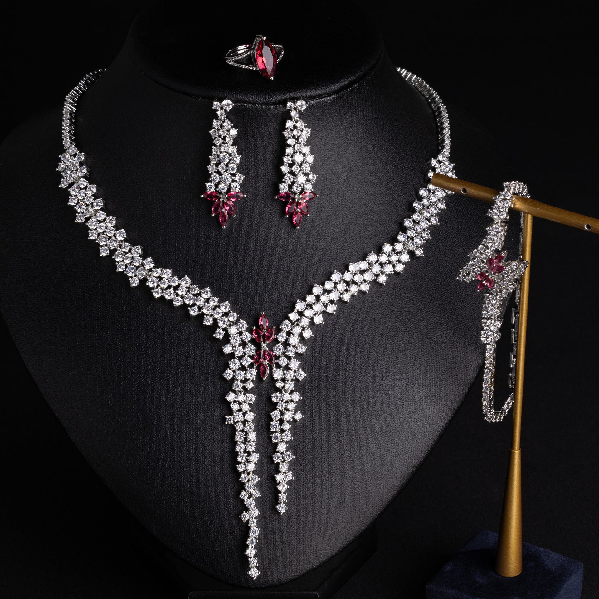 Luxury Green Crystal Wedding Jewelry Set – Silver Necklace Earrings Bracelet