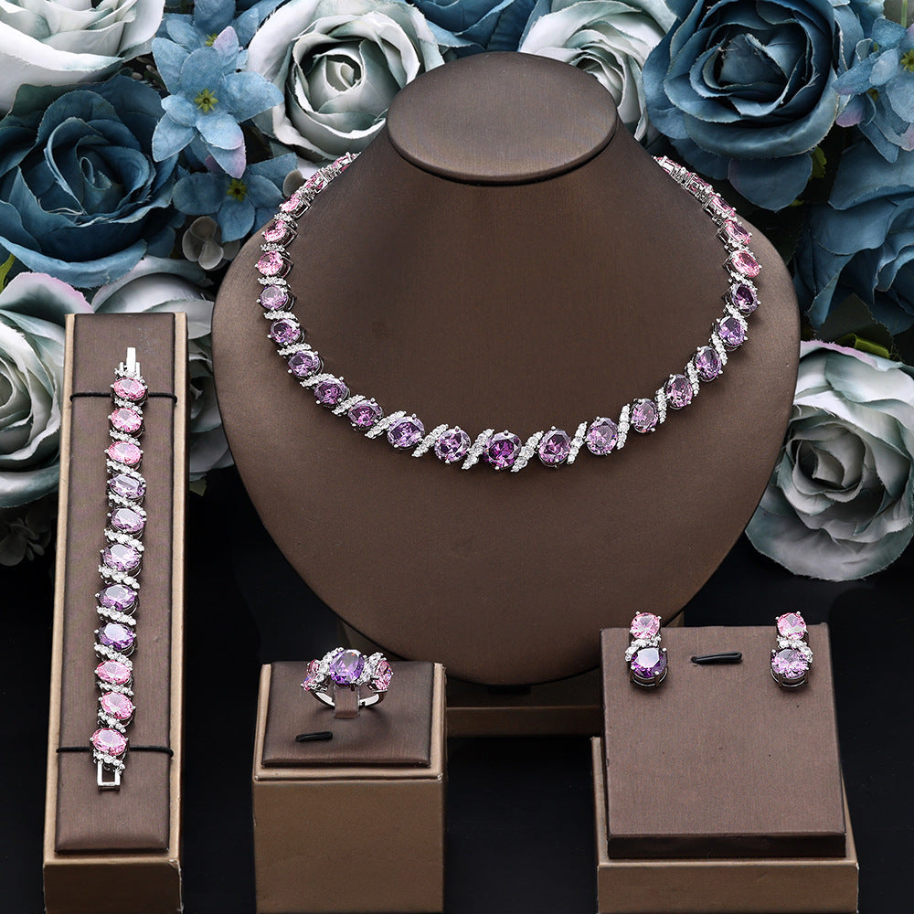 Luxury Purple Crystal Bridal Jewelry Set – Necklace Earrings Ring Statement Set