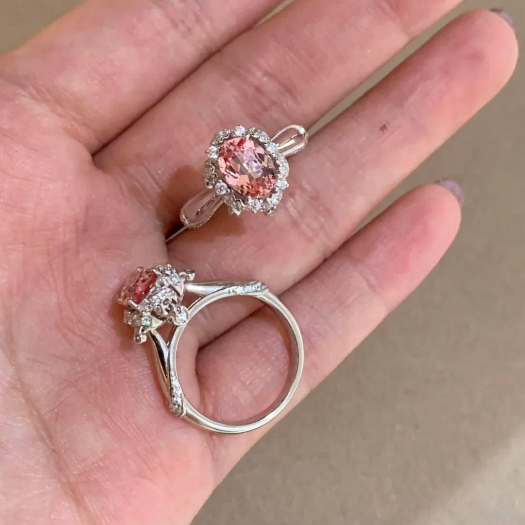 Bague élégante ovale avec gemme rose – Bague de déclaration halo pour femme