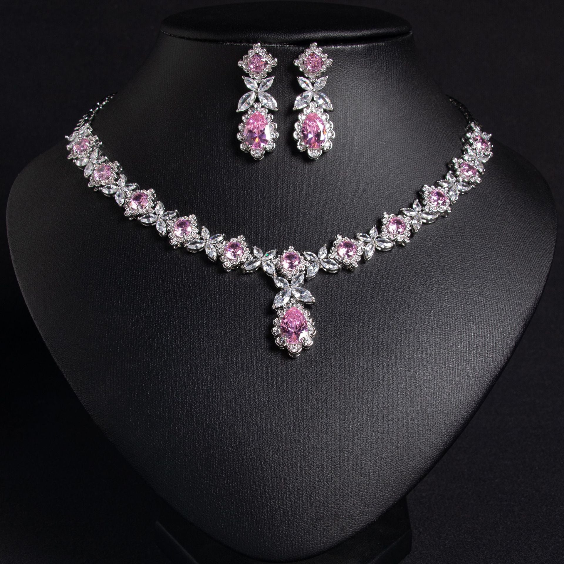 Luxury Ruby Teardrop Necklace Set – Floral Crystal Earrings Jewelry