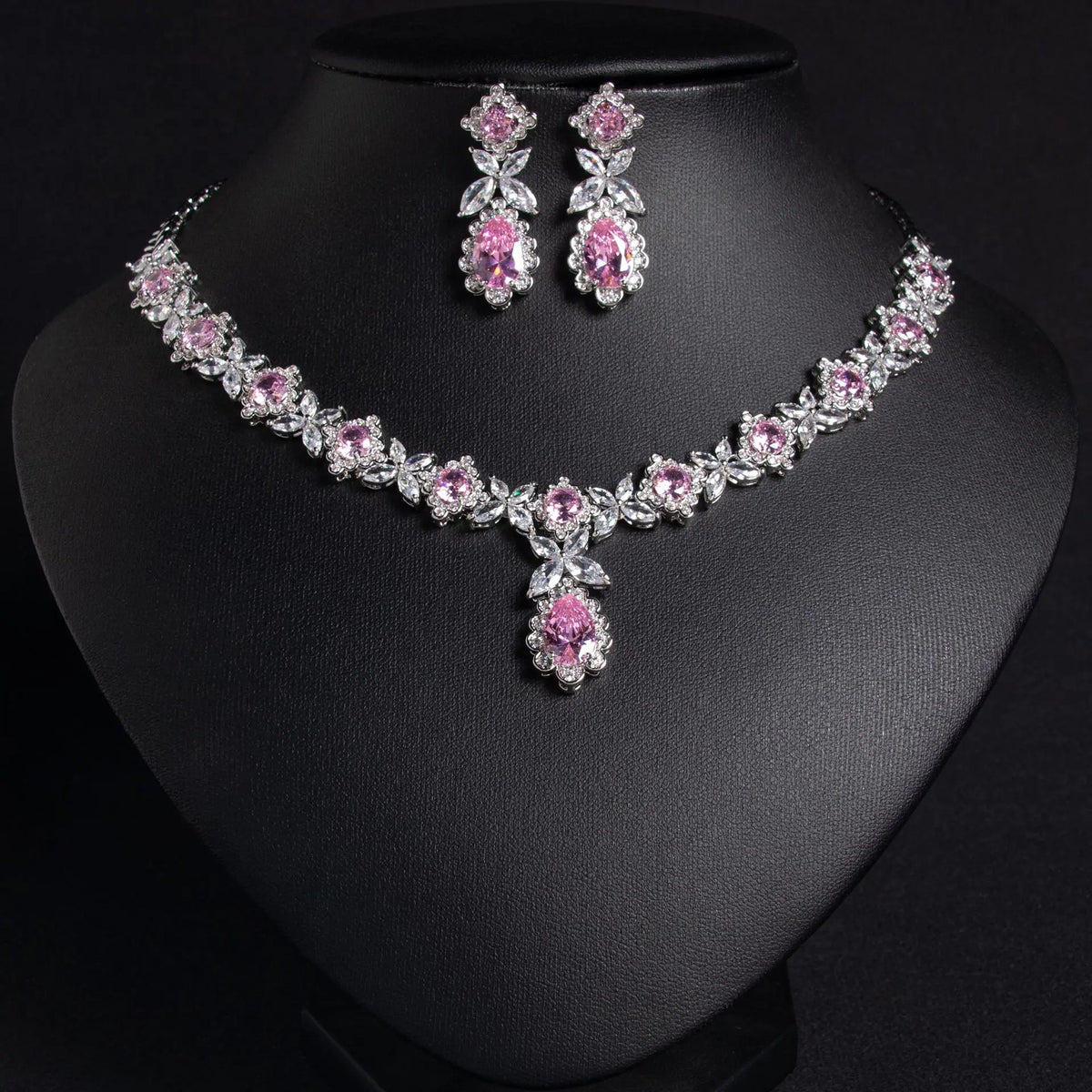 Luxury Ruby Teardrop Necklace Set – Floral Crystal Earrings Jewelry
