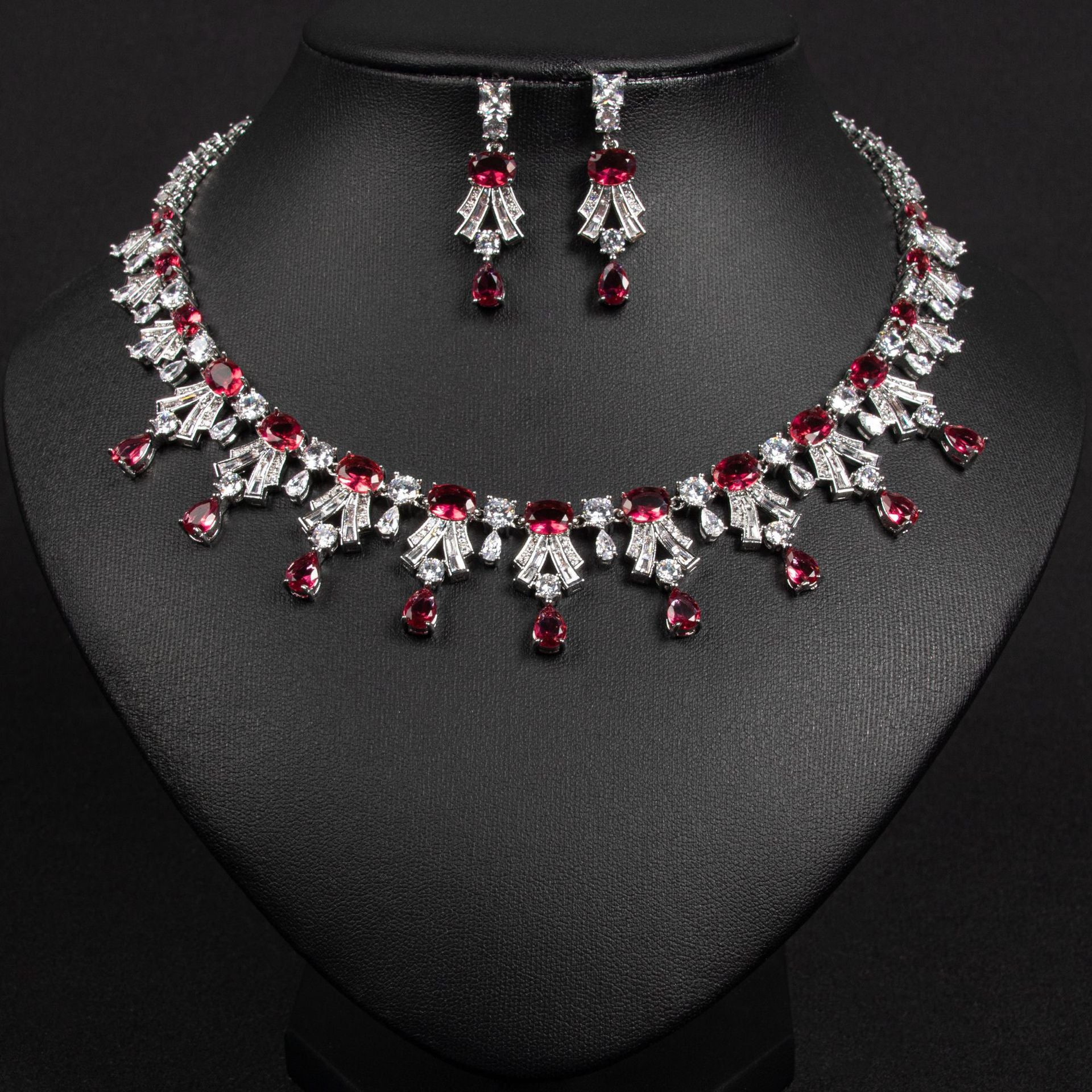 Luxury Ruby Red Gemstone Statement Necklace Set for Women – Elegant Jewelry with Matching Earrings