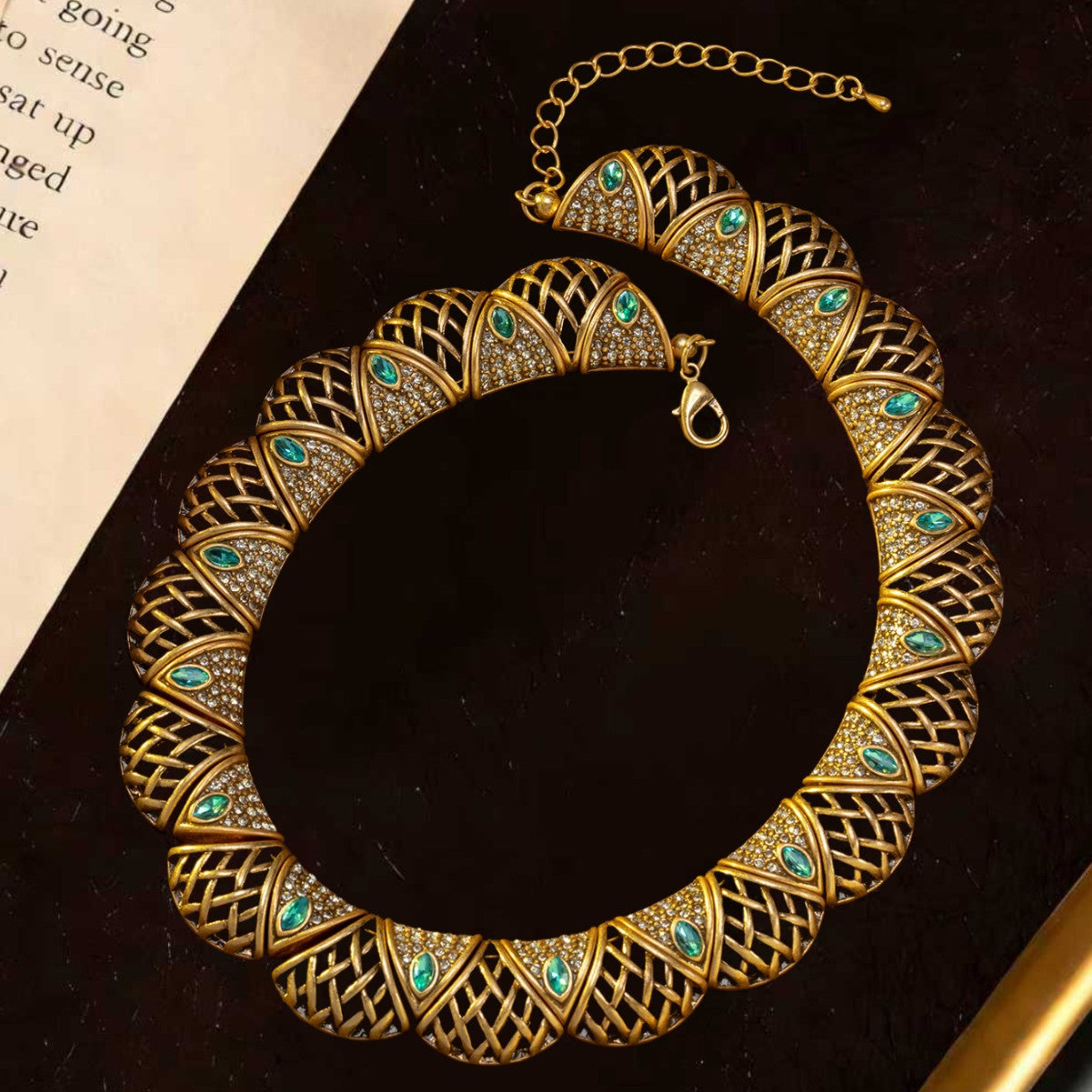 Vintage old gold greenstone hollow fan necklace