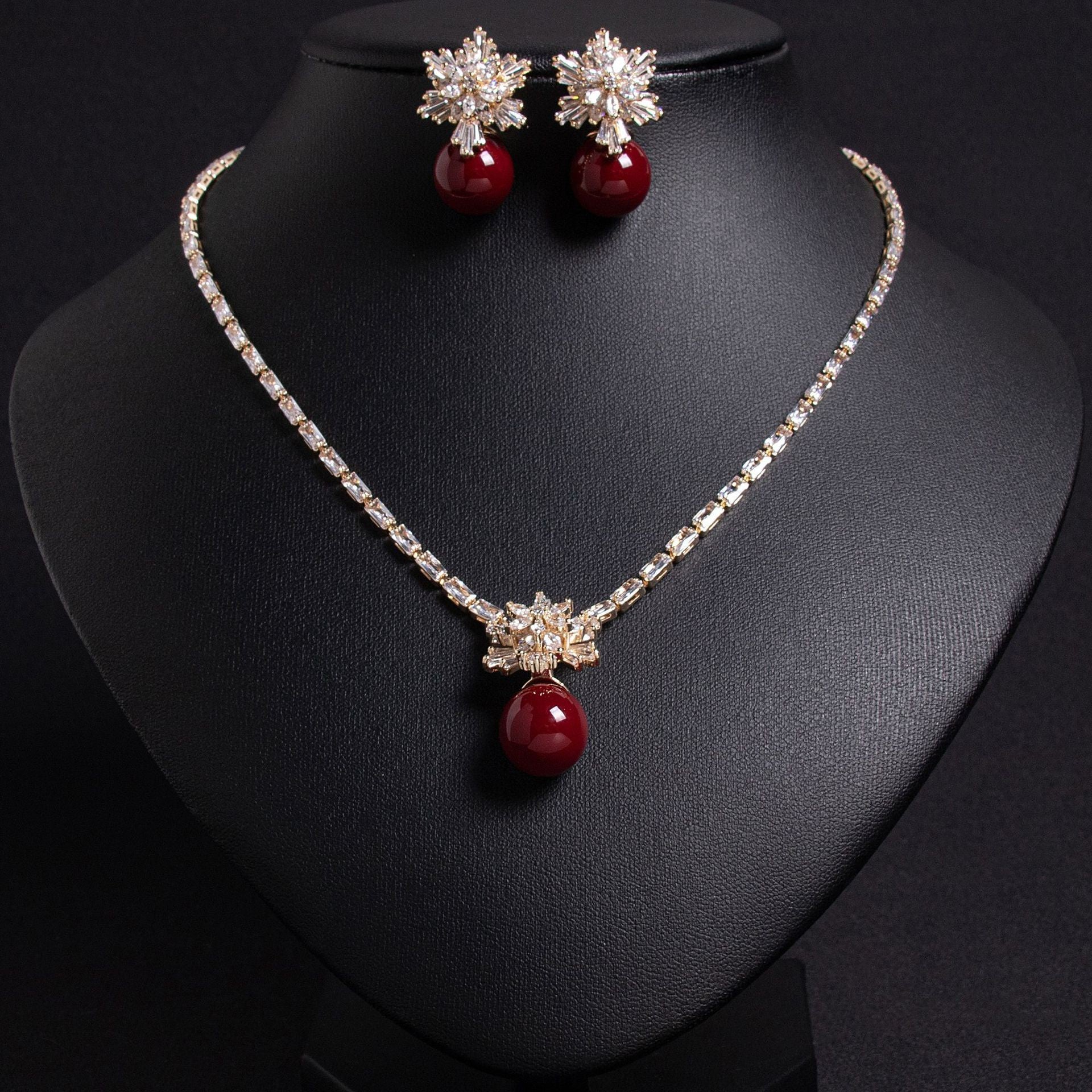 High-end pearl zircon snowflake necklace earrings set