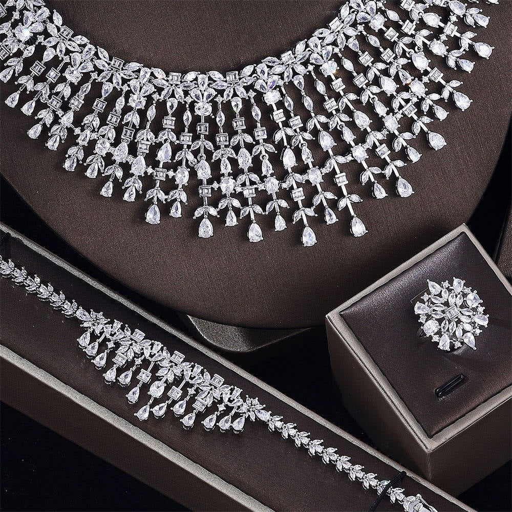 Luxury Crystal Fringe Necklace Set Silver Tone Statement Jewelry Set Earrings Ring Bracelet Bridal Wedding Set for Women