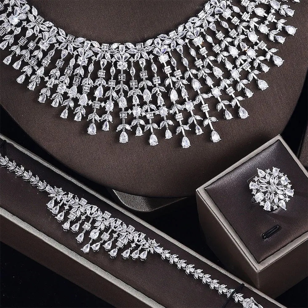 Luxury Crystal Fringe Necklace Set Silver Tone Statement Jewelry Set Earrings Ring Bracelet Bridal Wedding Set for Women