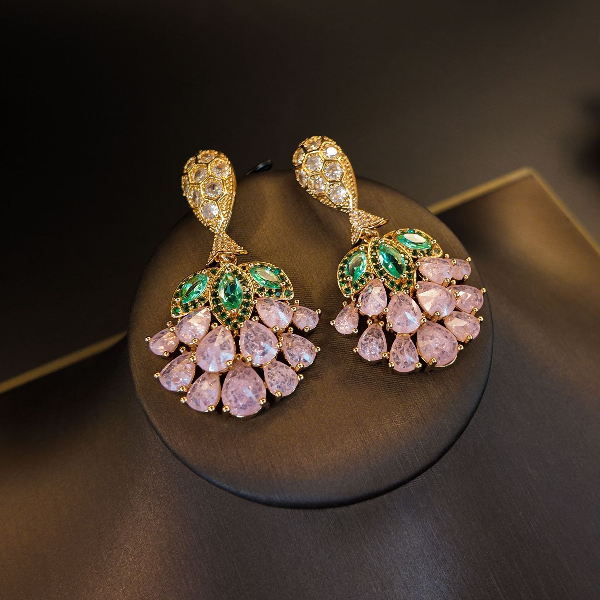 Stylish pink water drop fan flower stud earrings