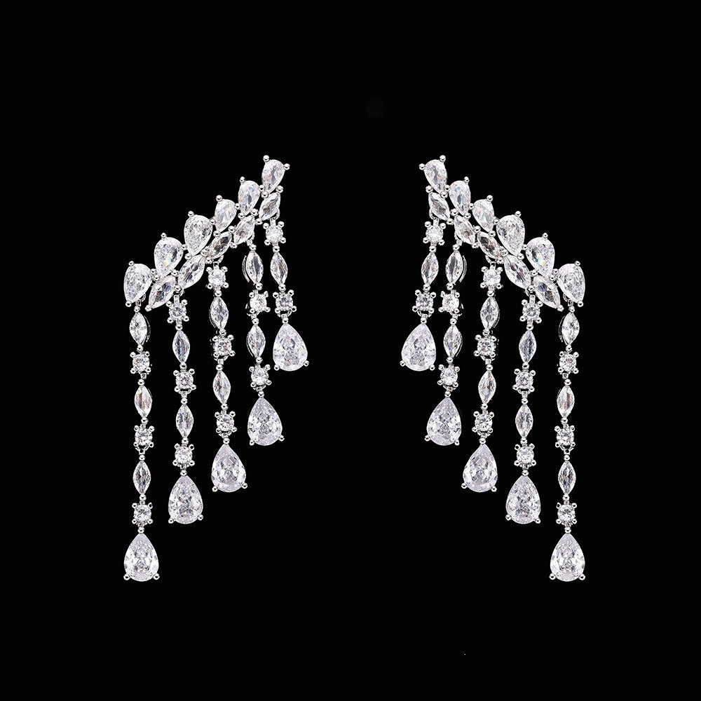 Luxury Silver Crystal Fringe Necklace Set Earrings Ring Bracelet Bridal Wedding Statement Jewelry for Women Elegant Sparkling Set